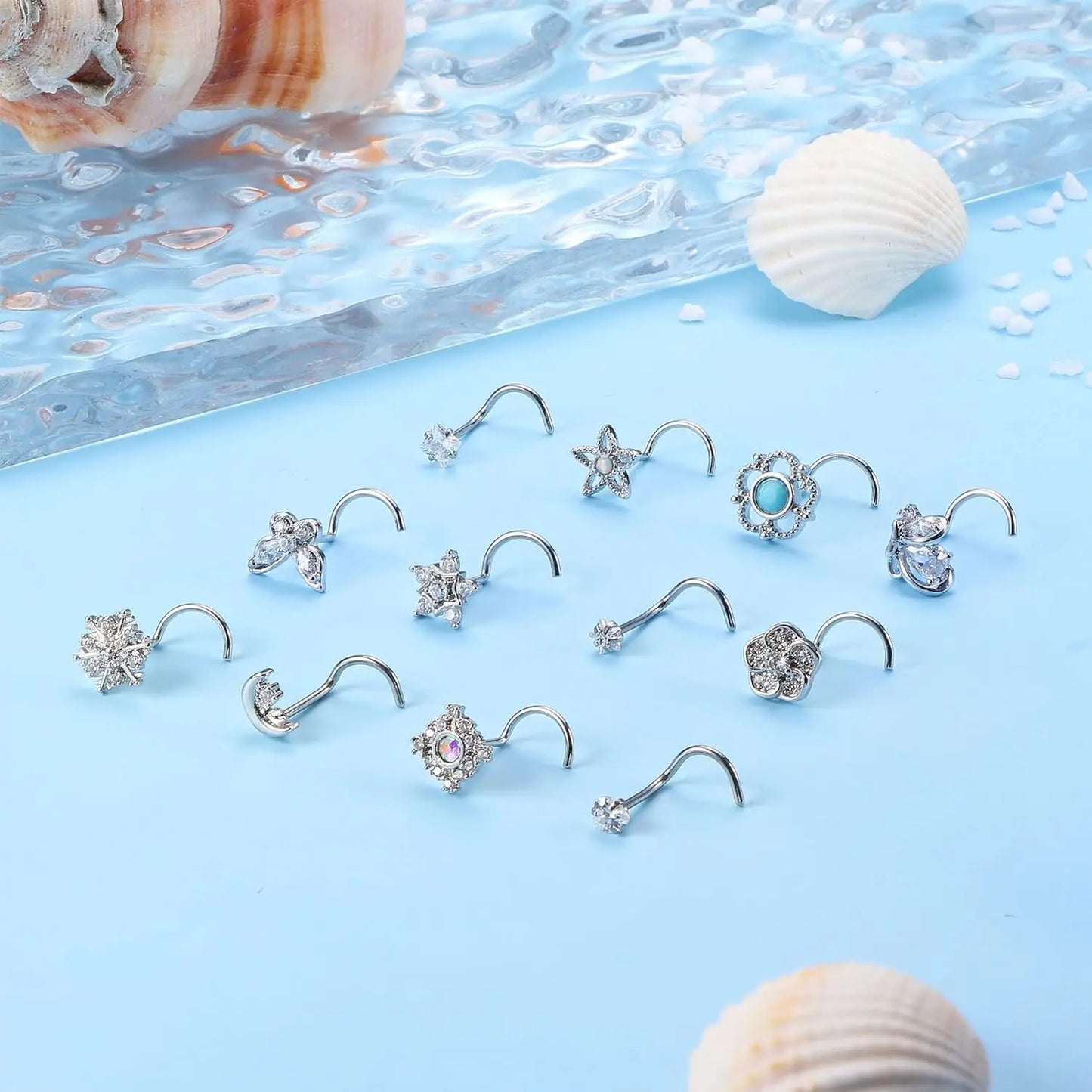 CASSIECA 1Pc 20G Stainless Steel Nose Rings Stud for Women Screw L Shaped Nose Studs CZ Moon Star Snowflake Flower Nose Piercing
