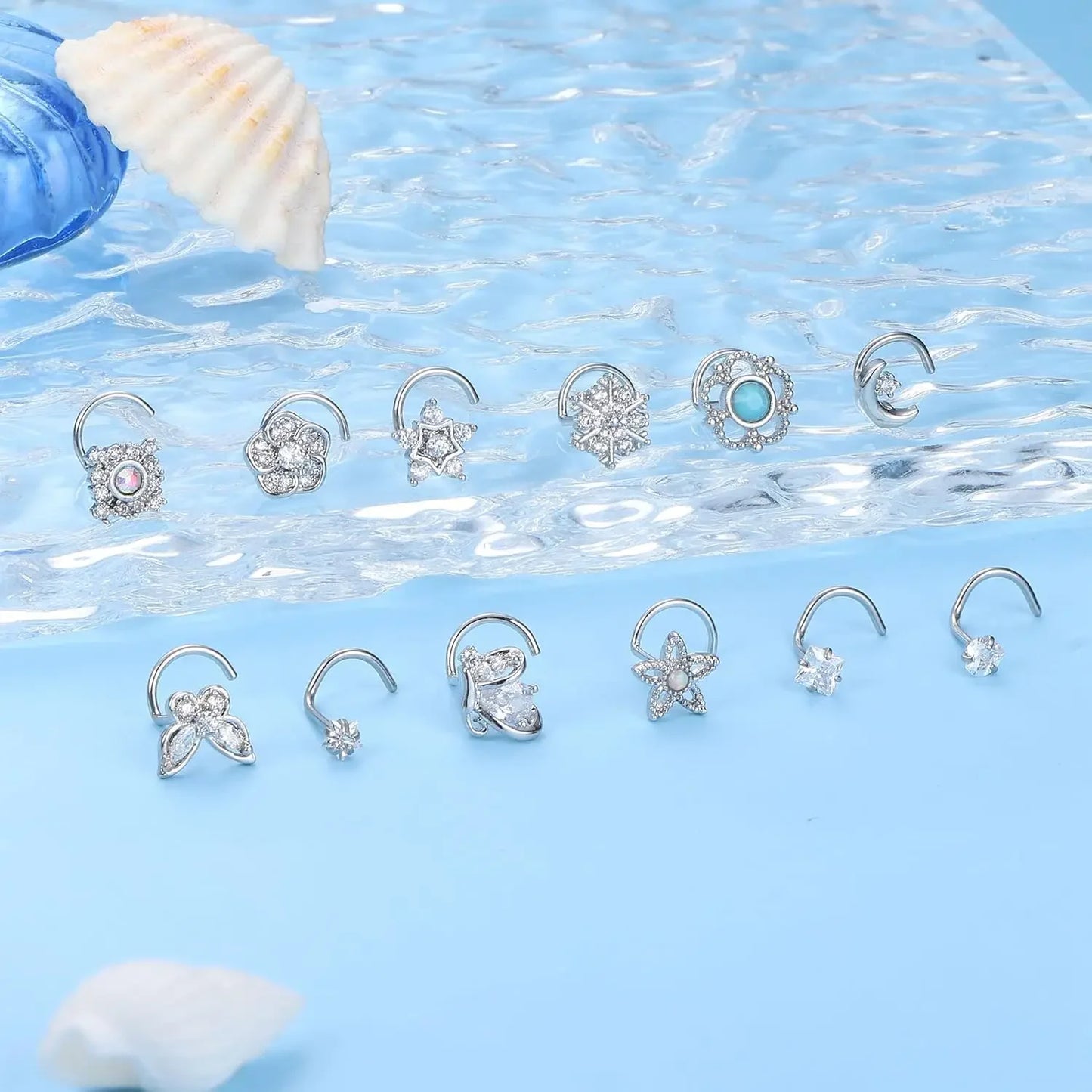 CASSIECA 1Pc 20G Stainless Steel Nose Rings Stud for Women Screw L Shaped Nose Studs CZ Moon Star Snowflake Flower Nose Piercing