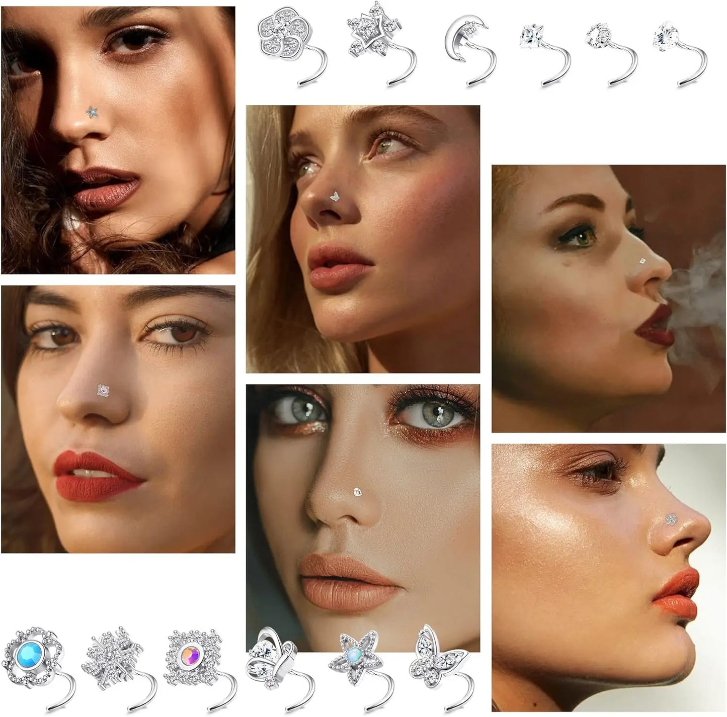 CASSIECA 1Pc 20G Stainless Steel Nose Rings Stud for Women Screw L Shaped Nose Studs CZ Moon Star Snowflake Flower Nose Piercing