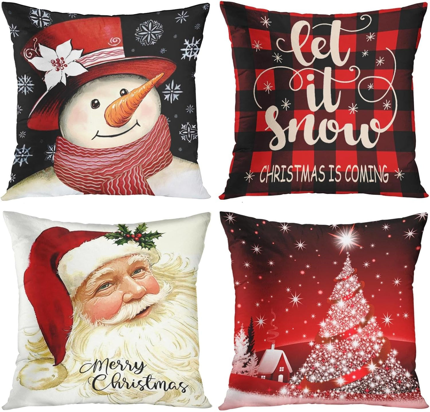 Set of 4 Christmas Throw Pillow Covers Christmas Snowman Let It Snow Red Black Buffalo Plaids Chair Decorative Pillow Cases Home Decor Square 18X18 Inches Pillowcases