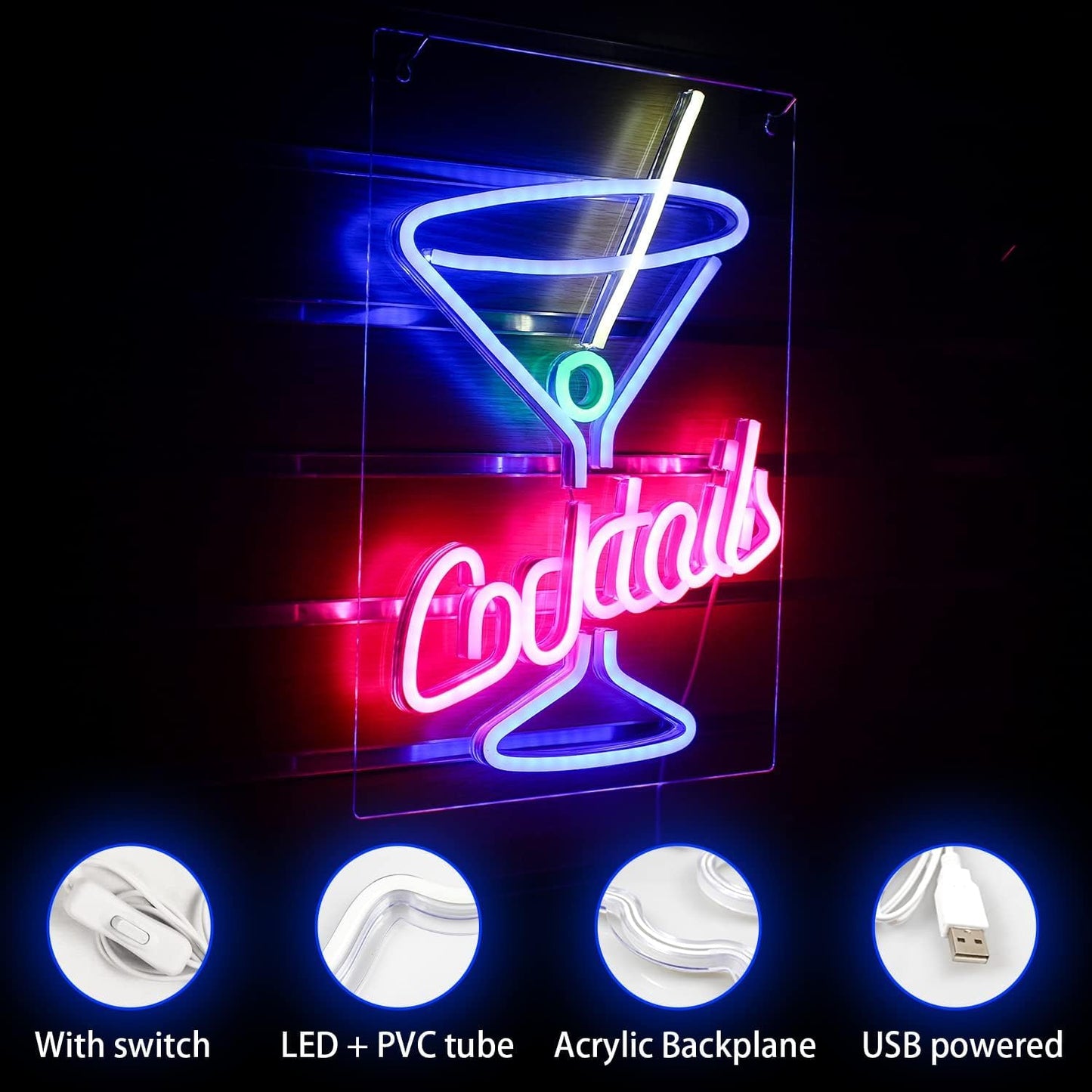 Cocktails Neon Sign, LED Sign Cocktail Glass Shaped Neon Lights Neon Bar Signs Martini Neon Signs for Wall Decor Neon Sign for Man Cave for Bar Shop Beer Bar Night Club