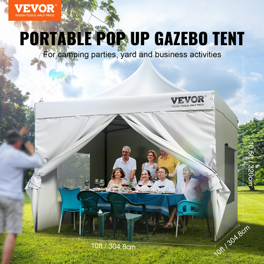 VEVOR 10x10 FT Pop up Canopy with Removable Sidewalls, Instant Canopies Portable Gazebo & Wheeled Bag, UV Resistant Waterproof, Enclosed Canopy Tent for Outdoor Events, Patio, Backyard, Party, Camping