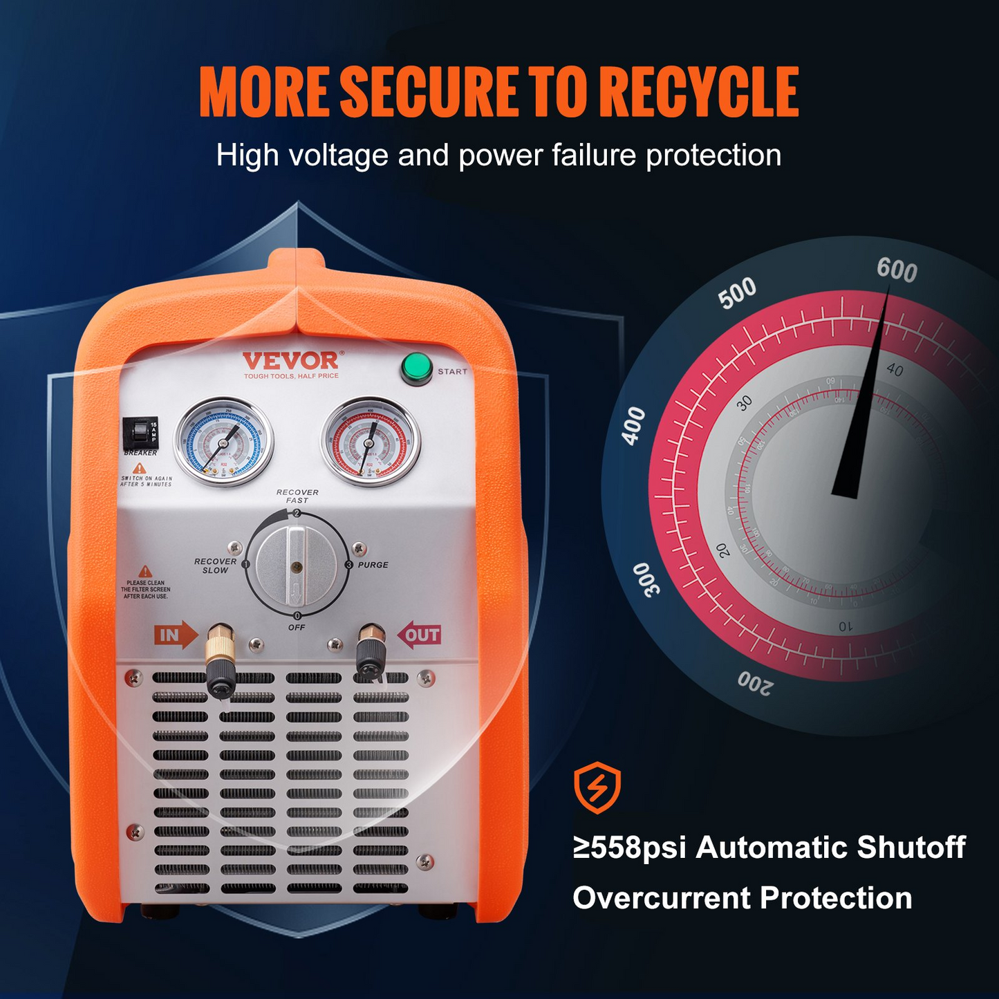 VEVOR 1 HP Refrigerant Recovery Machine - Dual Cylinder Portable AC Recovery Machine with High Pressure Protection 120V 60Hz Recovery Machine HVAC for Vapor Liquid Refrigerant, Car Air Conditioning