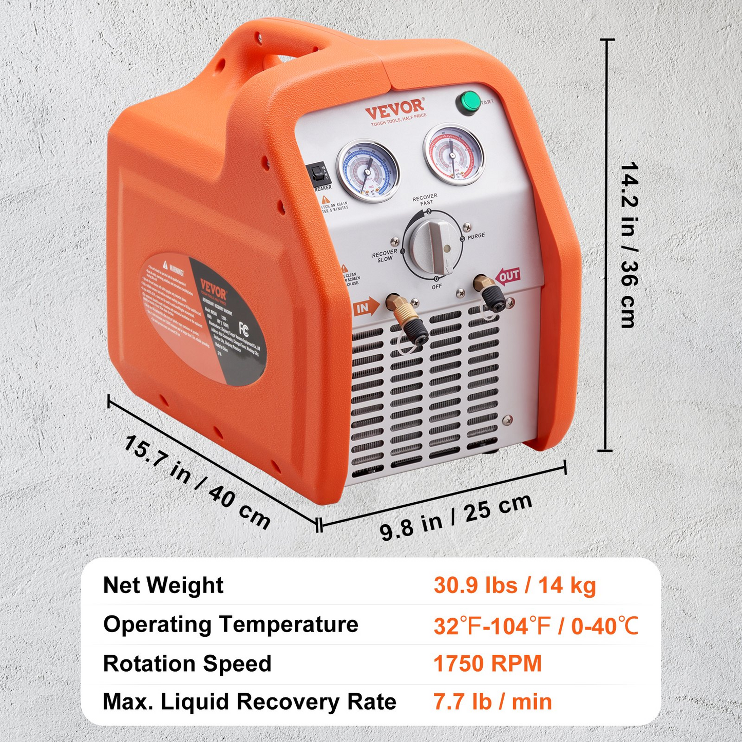 VEVOR 1 HP Refrigerant Recovery Machine - Dual Cylinder Portable AC Recovery Machine with High Pressure Protection 120V 60Hz Recovery Machine HVAC for Vapor Liquid Refrigerant, Car Air Conditioning