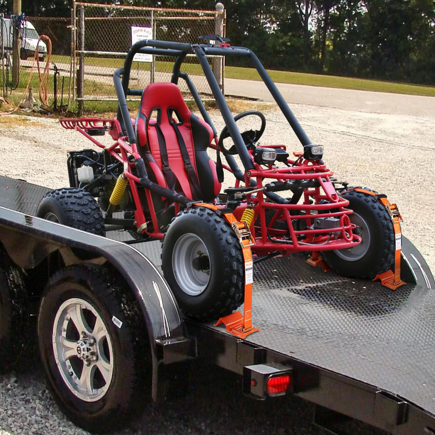 VEVOR Wheel Chock Tie Down Kit, 2" x 96" Tie Down Strap Kit, Heavy Duty Trailer Tie Down System for 10"-23" Wheels, ATV, UTV, Trailer, Mower, Wheel Chock & Tie-Down Accessories, 4-Pack