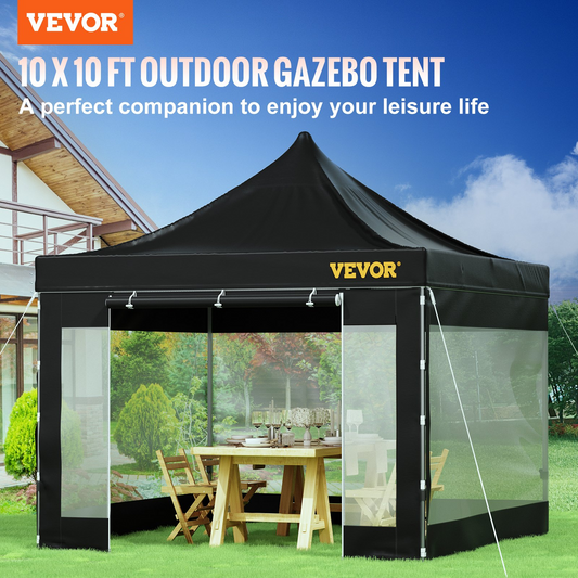 VEVOR Pop Up Canopy Tent, 10 x 10 FT, Outdoor Patio Gazebo Tent with Removable Sidewalls and Wheeled Bag, UV Resistant Waterproof Instant Gazebo Shelter for Party, Garden, Backyard, Black