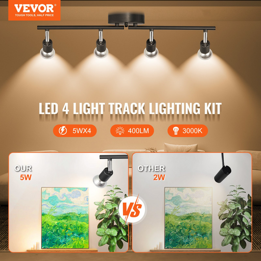 VEVOR 4-Light LED Track Lighting Kit, Ceiling Spot Light with Rotatable Light Arms and Heads, 24.8" Track Lighting Fixture, Included 4 GU10 3000K Bulbs for Indoors Exhibition, Kitchen, Living Room