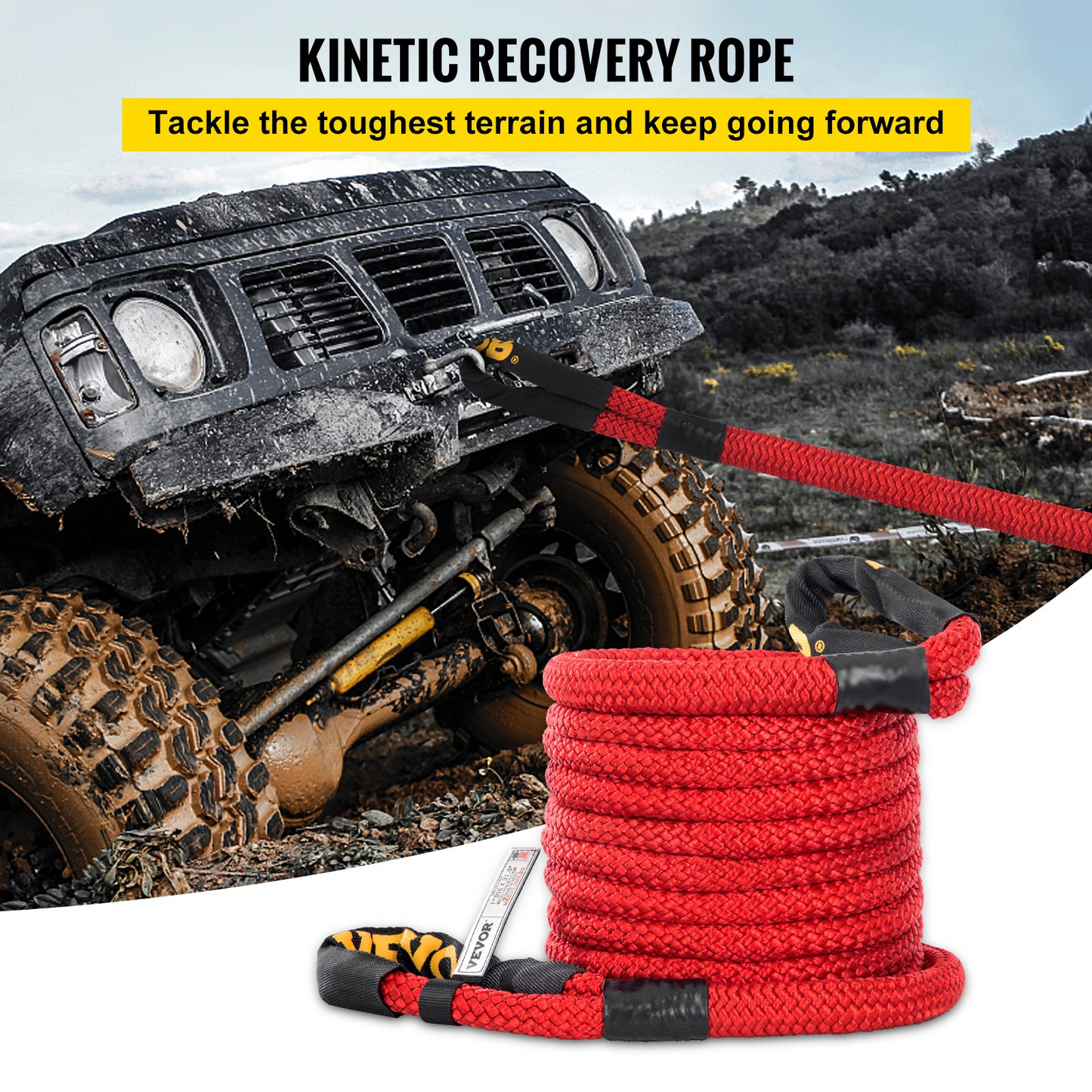 VEVOR 1" x 31.5' Recovery Tow Rope, 33,500 lbs, Heavy Duty Nylon Double Braided Kinetic Energy Rope w/ Loops and Protective Sleeves, for Truck Off-Road Vehicle ATV UTV, Carry Bag Included, Red