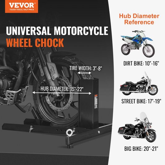 VEVOR Motorcycle Wheel Chock Upright, 1800 lbs Capacity, Heavy-duty Steel Motorcycle Front Wheel Stand with 6 Adjustable Holes, For 15"-22" Off-Road Motorcycles, Standard Motorcycles