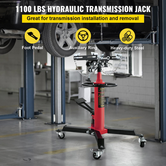 VEVOR Transmission Jack,1/2Ton/1100lbs Capacity Hydraulic Telescopic Transmission Jack, 2-Stage Floor Jack Stand with Foot Pedal, 360° Swivel Wheel, Garage/Shop Lift Hoist, Red