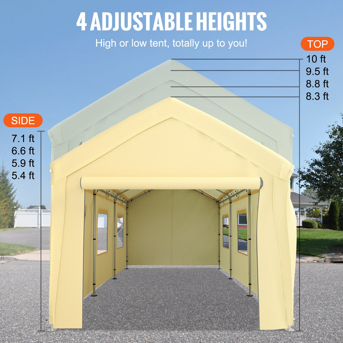 VEVOR Carport Canopy Car Canopy 10 x 20ft w/ 8 Legs Sidewalls Windows Yellow