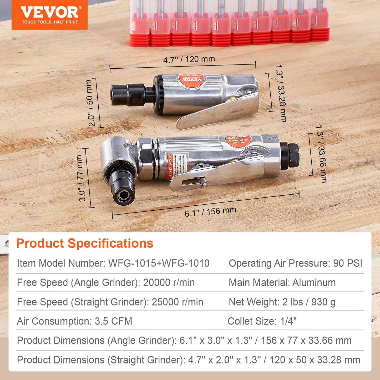 VEVOR Air Die Grinder Kit, Right Angle Grinder w/ Die Grinder Combo & 10PCS Single Cut Carbide Burr Set, Lightweight, Ball Bearing Construction for Grinding, Deburring, Cutting, Polishing