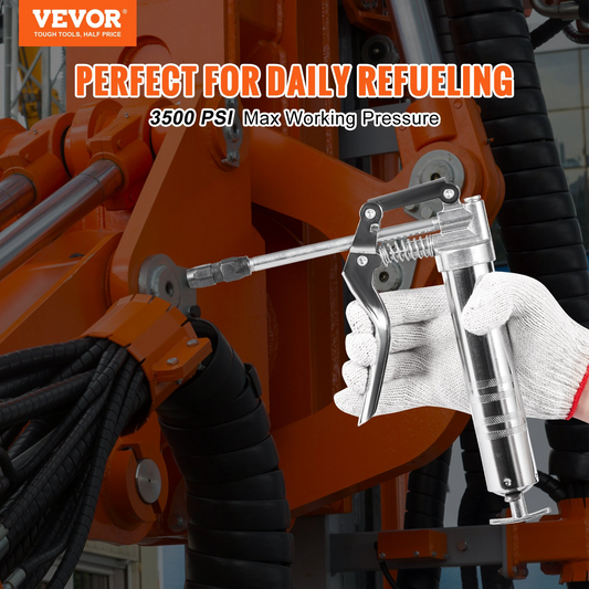 VEVOR Pistol Grip Grease Gun, 3500 PSI, 4 OZ / 120 CC Capacity Heavy Duty Professional Grease Gun, with 11.65 Inch Flexible Hose 2 Black Flat Couplers, 1 Reinforced Nozzle, and 2 Rigid Metal Pipes