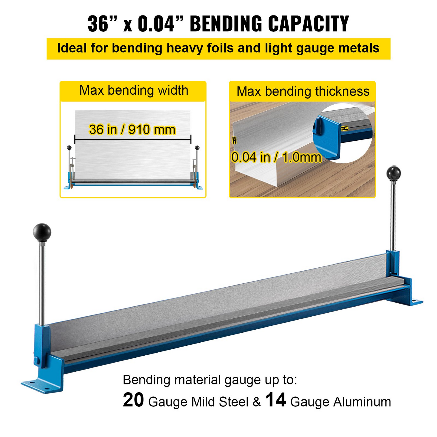 VEVOR Sheet Metal Brake 36 In. Metal Bender Brake 910 mm Length Portable Metal Bender 0-90 Degrees Adjustable Steel Bender with 2 C-shaped Clamps Manual Sheet Metal Bender Tool for Metal Bending