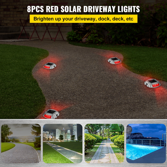 Vevor Driveway Lights, 8-Pack Solar Driveway Lights with Switch Button, Solar Deck Lights Waterproof, Wireless Dock Lights 6 LEDs for Path Warning Garden Walkway Sidewalk Steps, LED Bright Red