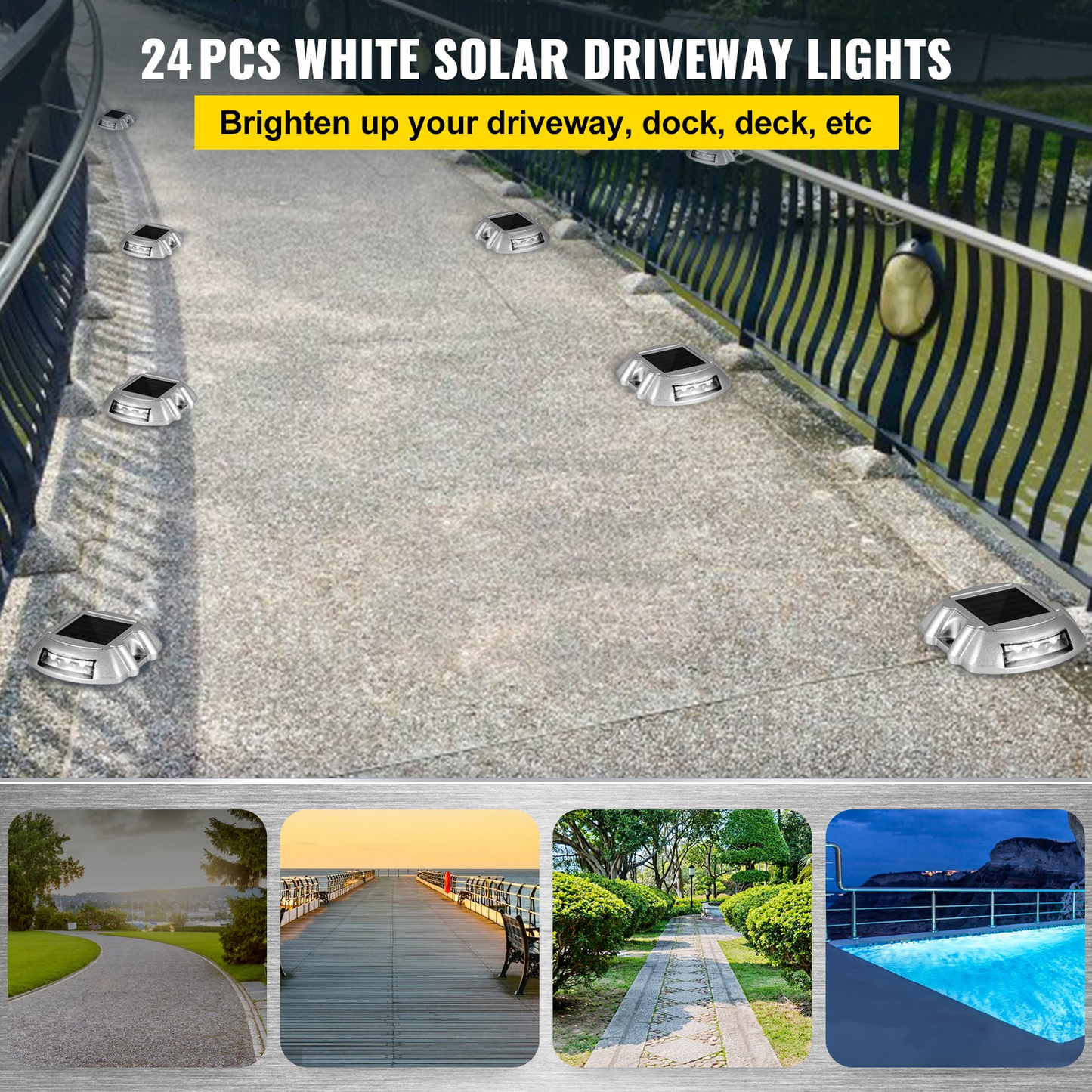 VEVOR Driveway Lights 24-Pack Solar Driveway Lights Bright White with Screw Solar Deck Lights Outdoor Waterproof Wireless Dock Lights 6 LEDs for Path Warning Garden Walkway Sidewalk Steps