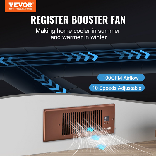 VEVOR Register Booster Fan, Quiet Vent Booster Fan Fits 4” x 12” Register Holes, with Remote Control and Thermostat Control, Adjustable Speed for Heating Cooling Smart Vent, Brown