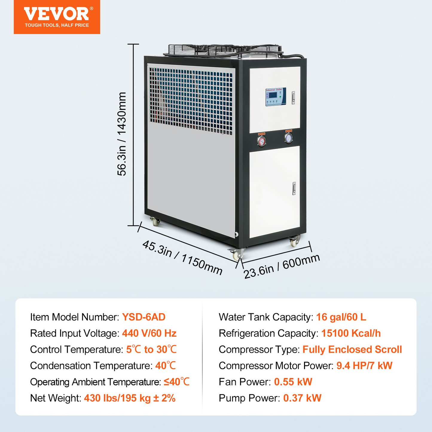 VEVOR Industrial Water Chiller, 9.4HP 16 Gal Air-Cooled Industrial Water Chiller, 15,100 Kcal/h Cooling Capacity with Finned Condenser Micro-Computer Control 60L Water Tank, for Cooling Water