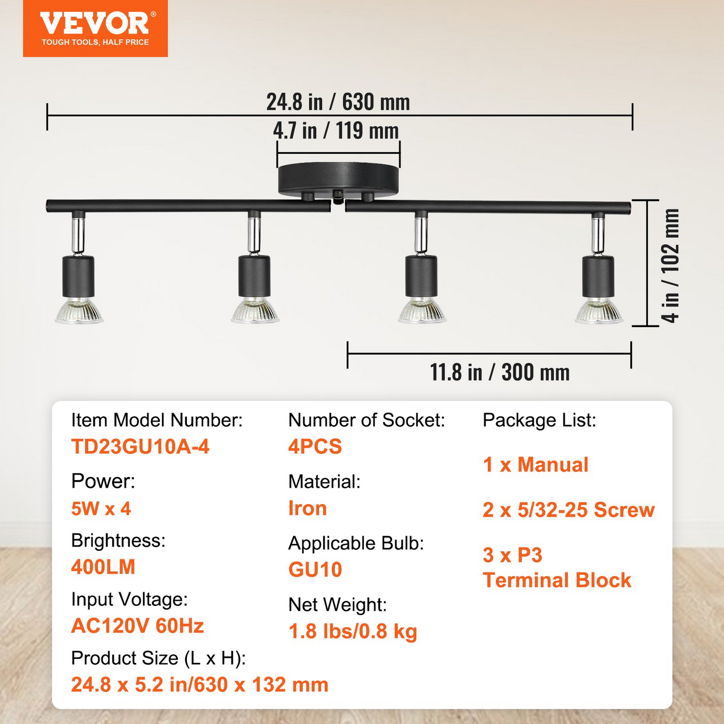 VEVOR 4-Light LED Track Lighting Kit, Ceiling Spot Light with Rotatable Light Arms and Heads, 24.8" Track Lighting Fixture, Included 4 GU10 3000K Bulbs for Indoors Exhibition, Kitchen, Living Room