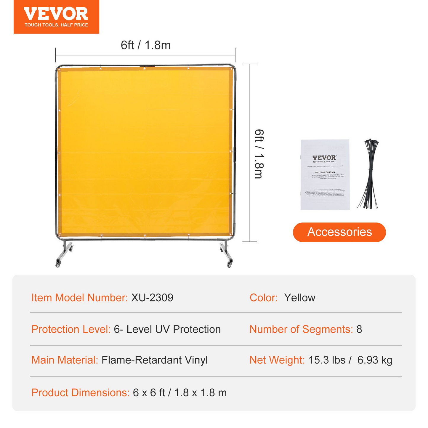 VEVOR Welding Screen with Frame, 6' x 6' Welding Curtain Screen, Flame-Resistant Vinyl Welding Protection Screen on 4 Swivel Wheel (2 Lockable), Moveable & Professional for Workshop/Industrial, Yellow