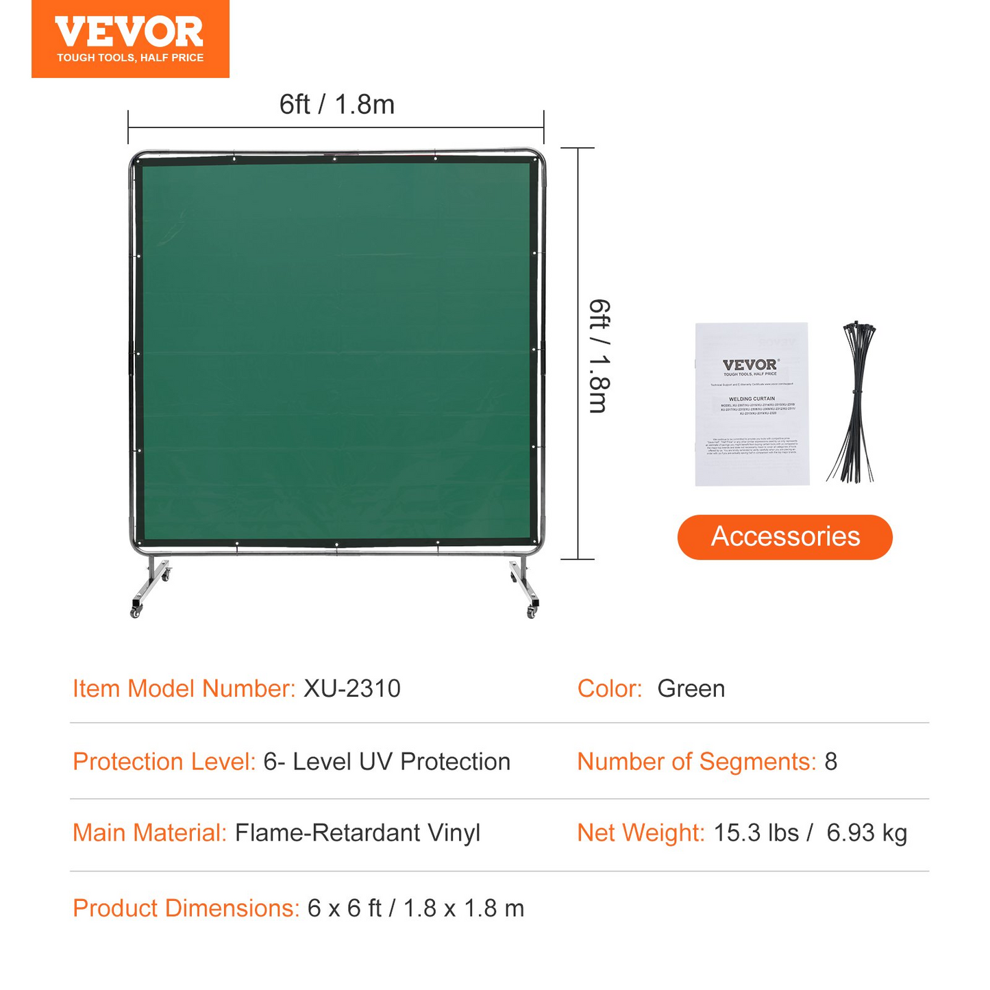 VEVOR Welding Screen with Frame, 6' x 6' Welding Curtain Screen, Flame-Resistant Vinyl Welding Protection Screen on 4 Swivel Wheels (2 Lockable), Moveable & Professional for Workshop/Industrial, Green