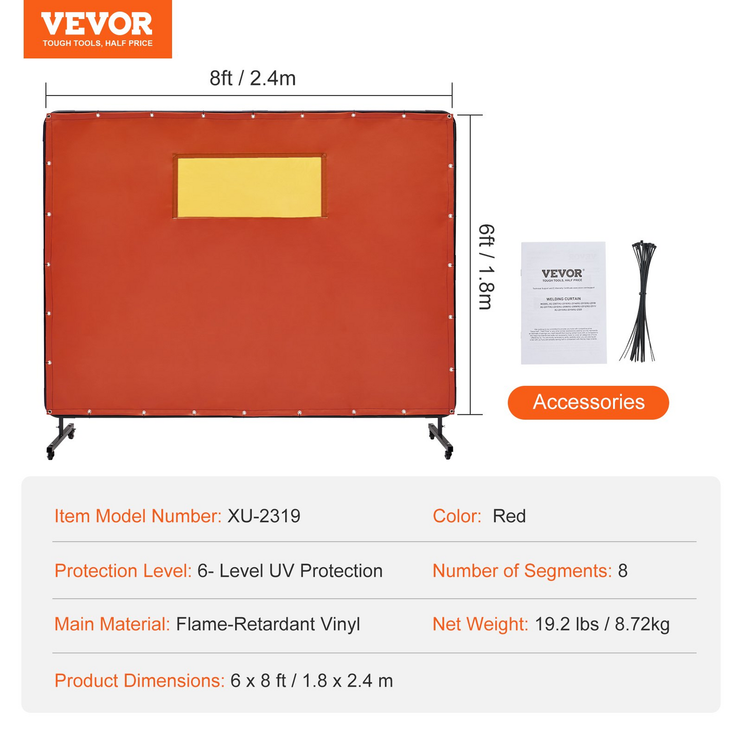 VEVOR Welding Screen with Frame, 6' x 8' Welding Curtain Screens, Flame-Resistant Vinyl Welding Protection Screen with 4 Swivel Wheels (2 Lockable) & Transparent Window for Workshop/Industrial, Red