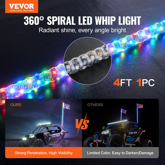 VEVOR 1 PC 4 FT Whip Light, APP & RF Remote Control Led Whip Light, Waterproof 360° Spiral RGB Chasing Lighted Whips with 2 Flags, for UTVs, ATVs, Motorcycles, RZR, Can-am, Trucks, Off-road, Go-karts