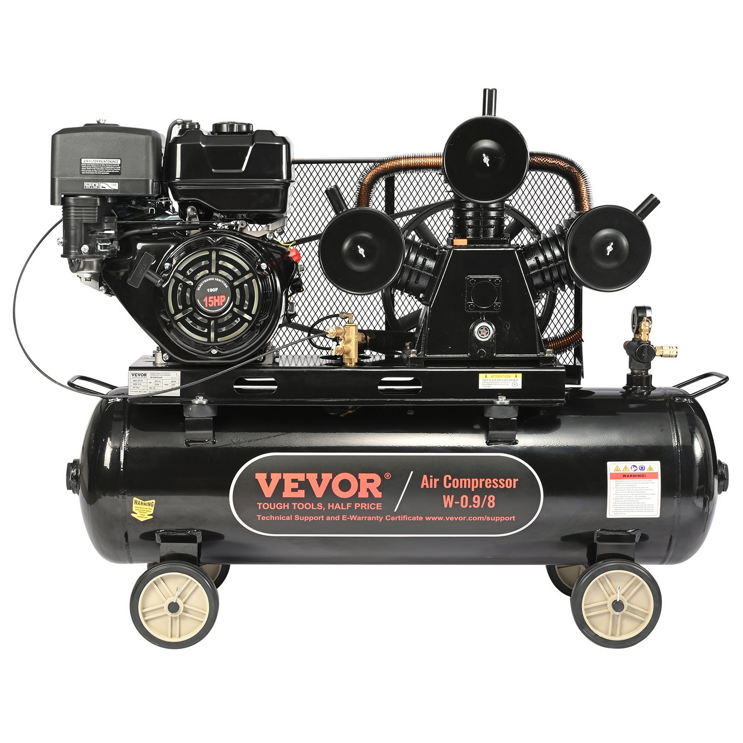 VEVOR 15HP Gas Powered Air Compressor, 30 Gallon Horizontal Air Compressor Tank, 33CFM@115PSI Gas Driven Piston Pump Air Compressed System with 115PSI Max Pressure for Construction Sites Workshop