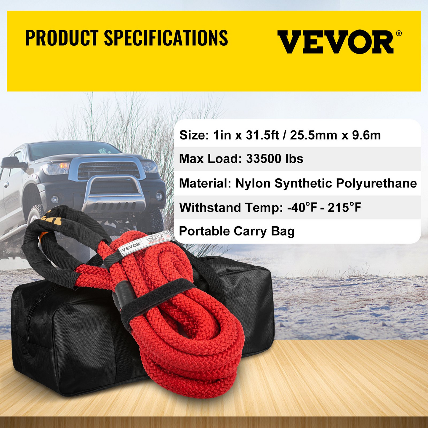 VEVOR 1" x 31.5' Recovery Tow Rope, 33,500 lbs, Heavy Duty Nylon Double Braided Kinetic Energy Rope w/ Loops and Protective Sleeves, for Truck Off-Road Vehicle ATV UTV, Carry Bag Included, Red