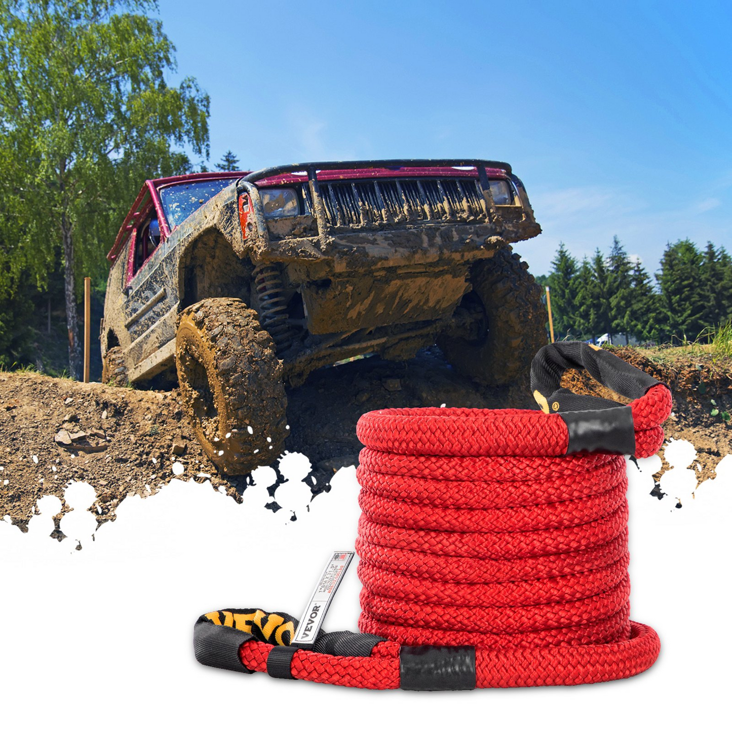 VEVOR 1" x 31.5' Recovery Tow Rope, 33,500 lbs, Heavy Duty Nylon Double Braided Kinetic Energy Rope w/ Loops and Protective Sleeves, for Truck Off-Road Vehicle ATV UTV, Carry Bag Included, Red