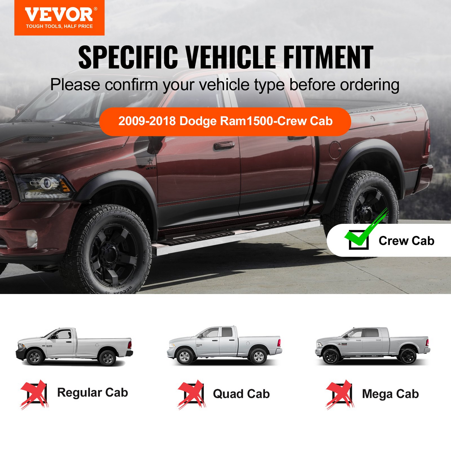 VEVOR Running Boards 6" Step Bars Fit 2009-2018 Dodge Ram 1500 Crew Cab 500 LBS