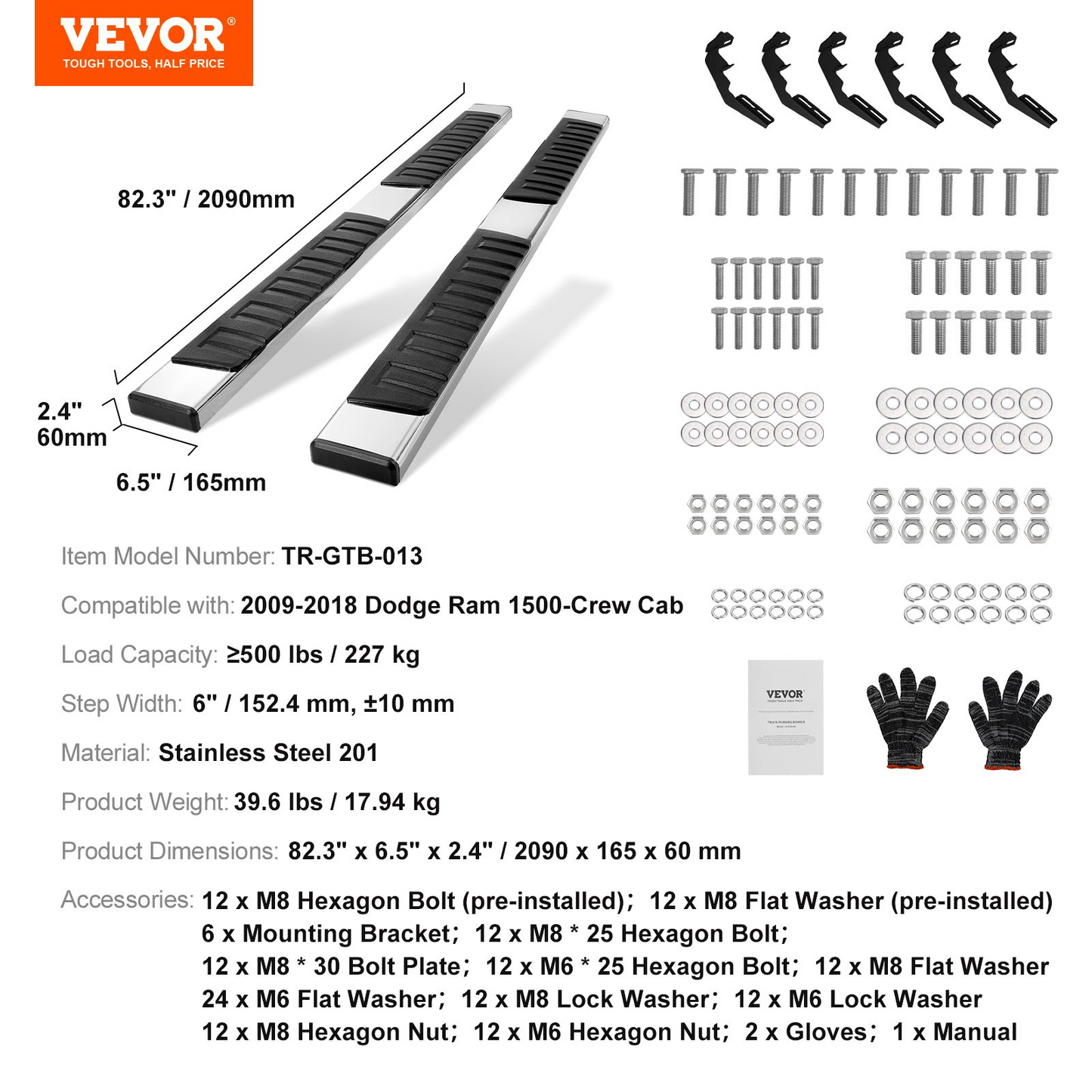 VEVOR Running Boards 6" Step Bars Fit 2009-2018 Dodge Ram 1500 Crew Cab 500 LBS