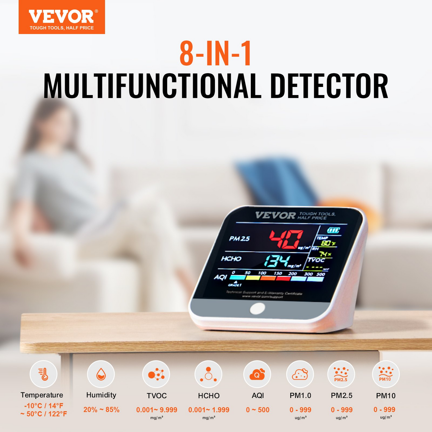 VEVOR Mini Air Quality Monitor 8-IN-1, Professional PM2.5 PM10 PM1.0 Particle Counter, Formaldehyde, Temperature, Humidity, TVOC AQI Tester for Indoor/Outdoor, Air Quality Meter  w/Alarm Thresholds