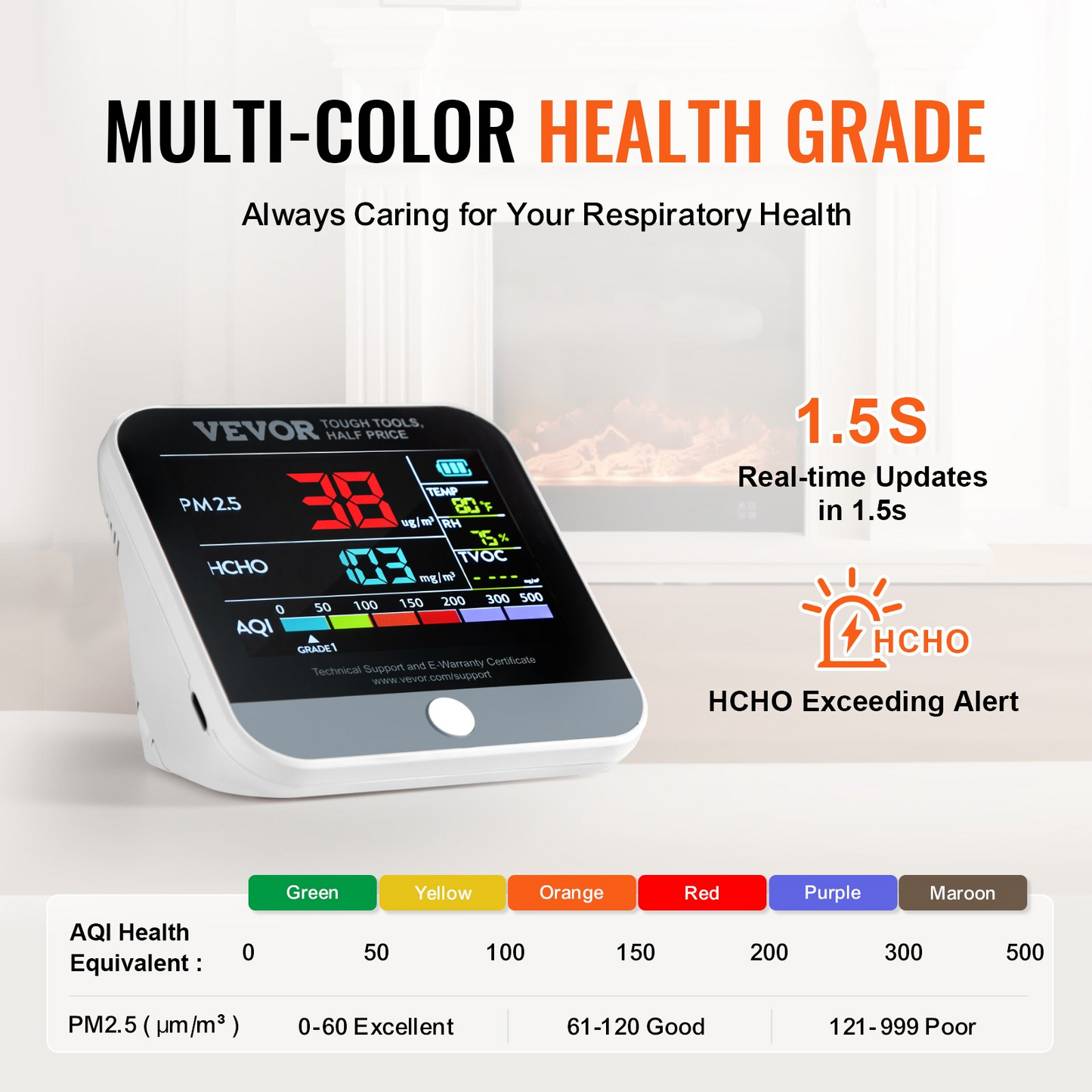 VEVOR Mini Air Quality Monitor 8-IN-1, Professional PM2.5 PM10 PM1.0 Particle Counter, Formaldehyde, Temperature, Humidity, TVOC AQI Tester for Indoor/Outdoor, Air Quality Meter  w/Alarm Thresholds