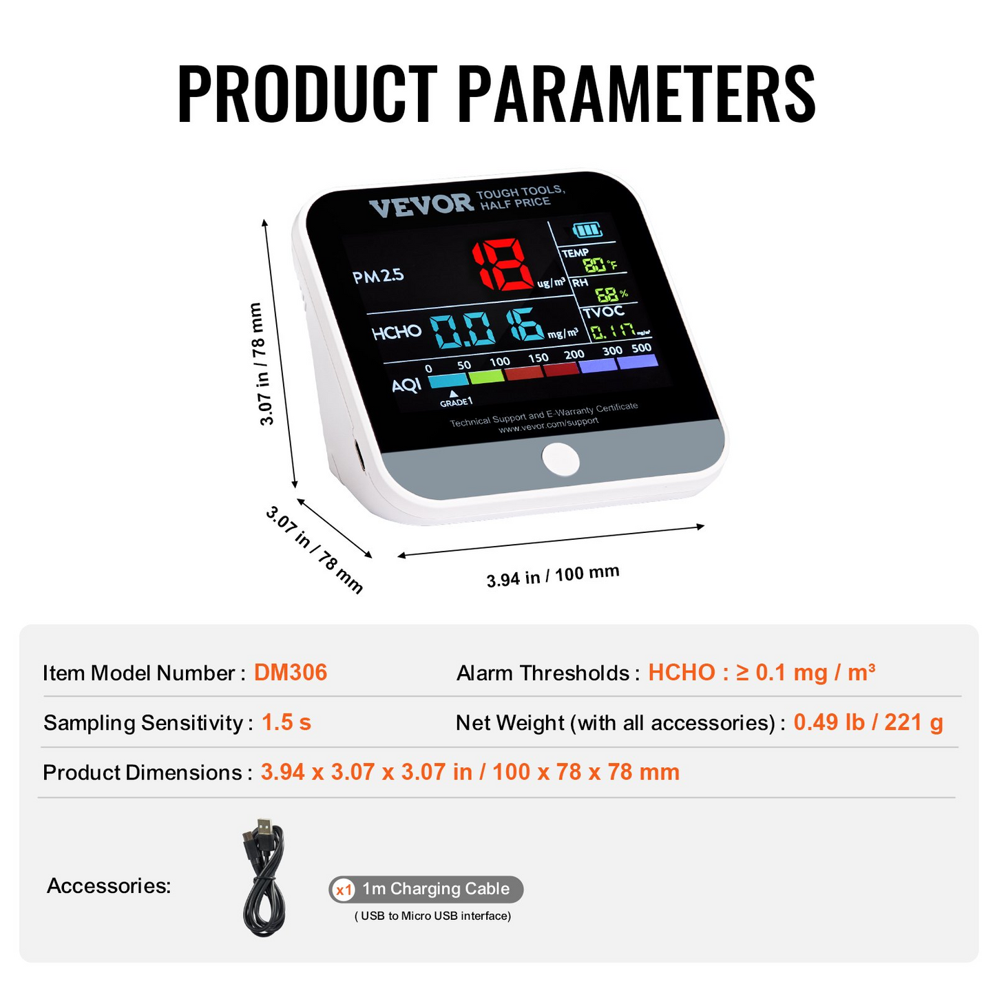 VEVOR Mini Air Quality Monitor 8-IN-1, Professional PM2.5 PM10 PM1.0 Particle Counter, Formaldehyde, Temperature, Humidity, TVOC AQI Tester for Indoor/Outdoor, Air Quality Meter  w/Alarm Thresholds