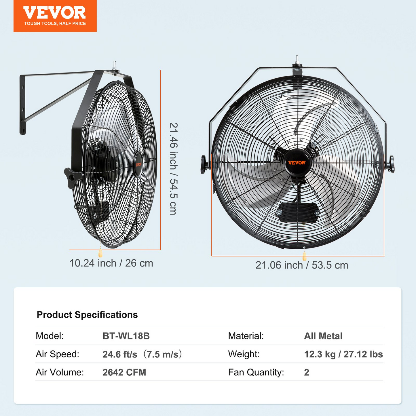 VEVOR Wall Mount Fan, 2 PCS 18 inch Waterproof, 3-speed High Velocity Max. 4000 CFM Industrial Wall Fan for Indoor, Commercial, Residential, Warehouse, Greenhouse, Workshop, Basement, Garage,Black