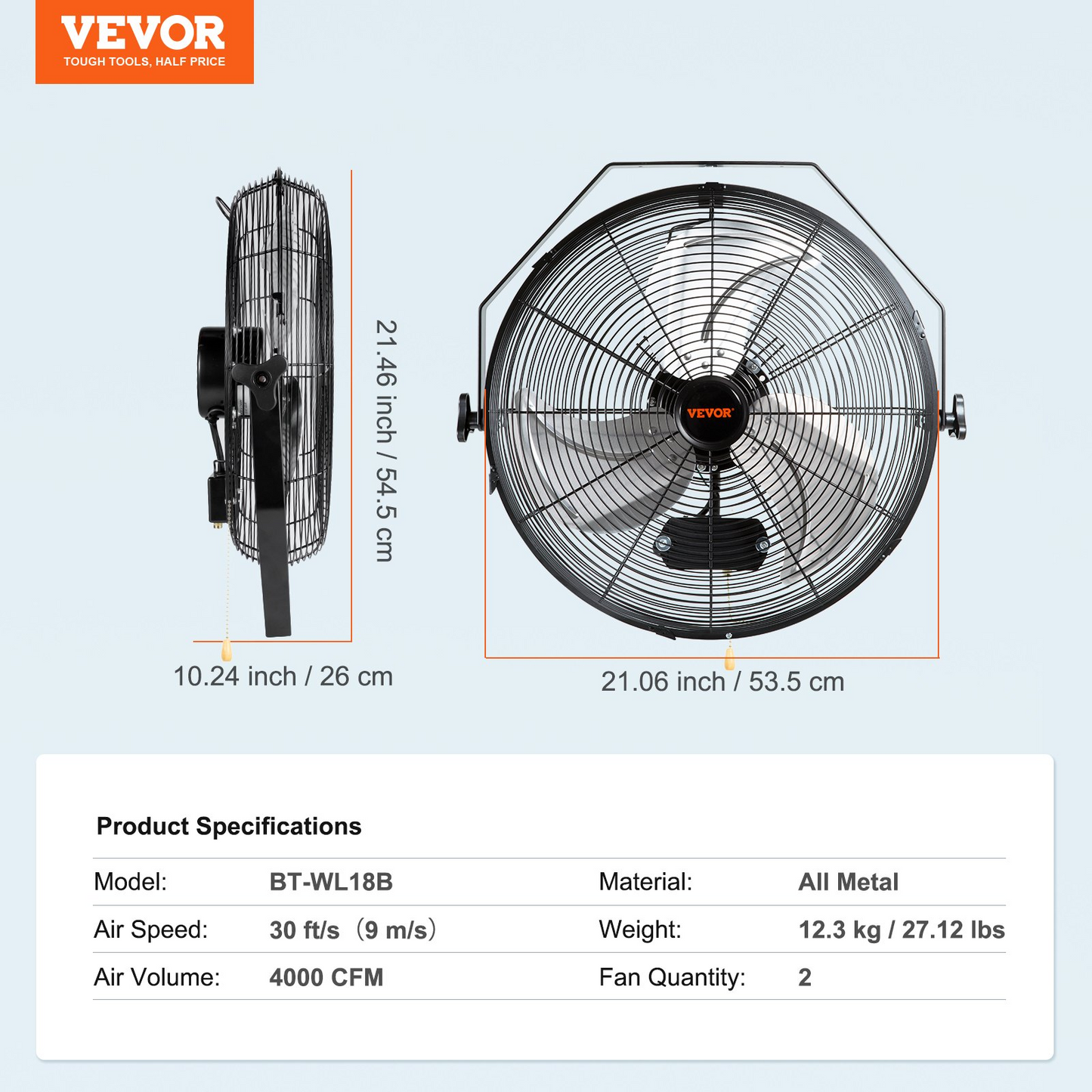 VEVOR Wall Mount Fan, 2 PCS 18 inch Waterproof, 3-speed High Velocity Max. 4000 CFM Industrial Wall Fan for Indoor, Commercial, Residential, Warehouse, Greenhouse, Workshop, Basement, Garage,Black