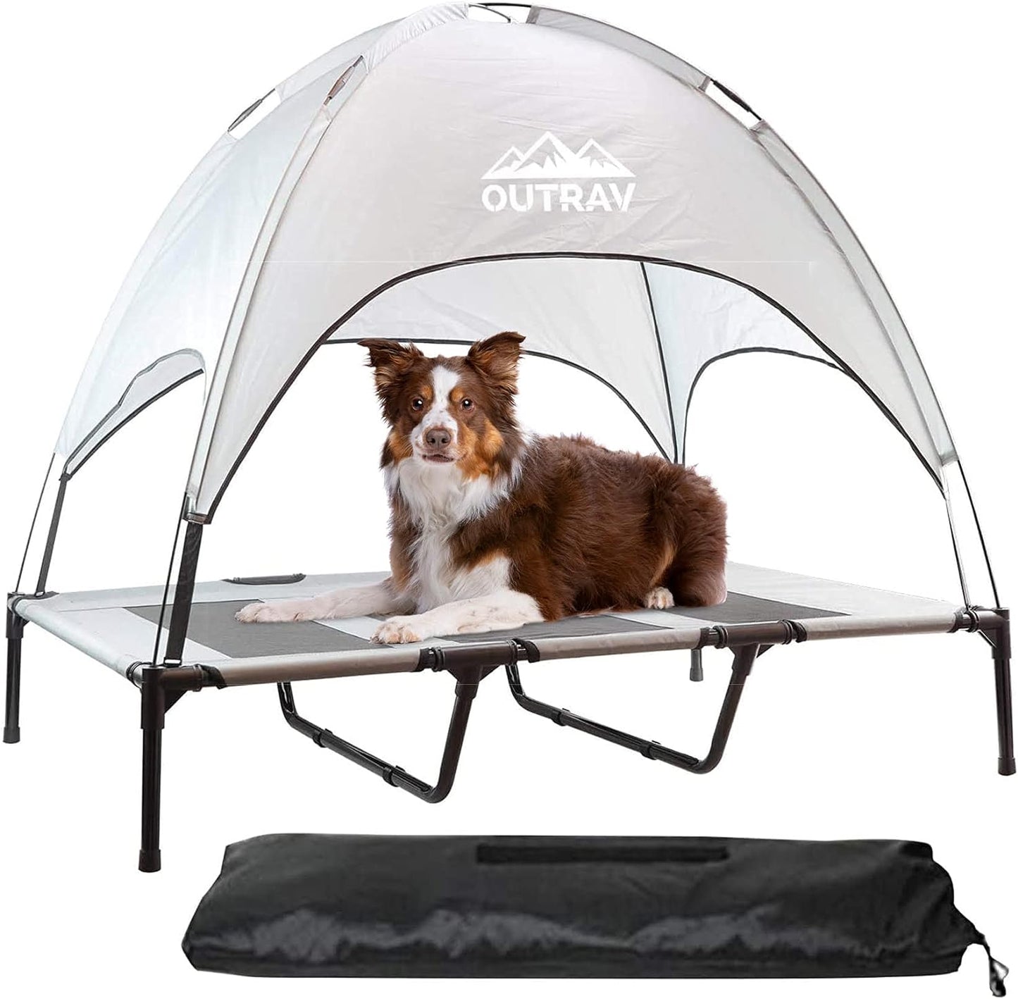 Pet Cot with Canopy Shade Tent & Carry along Travel Bag – Portable Foldable Indoor Outdoor Cooling Elevated Dog Bed with Removable Pop up Sunshade Dome Gazebo Awning, Large or XL – Gray