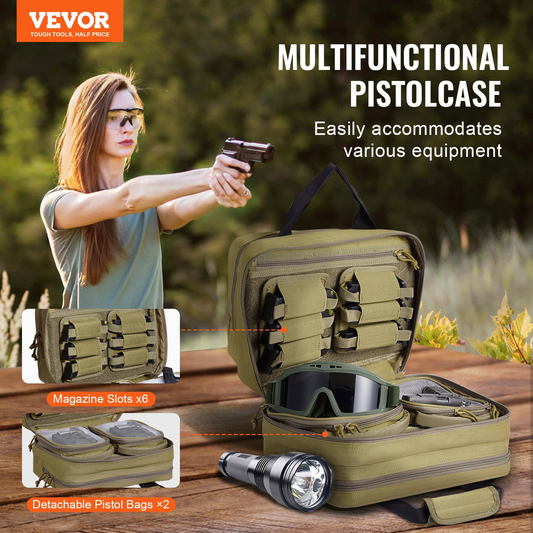 VEVOR Range Bag for 2 Pistols Tactical Gun Bag 2 Built-in Pistol Bags Brown，Range Bag for Handguns Gun Case Bag with Lockable Zipper for Shooting Range Outdoor Hunting