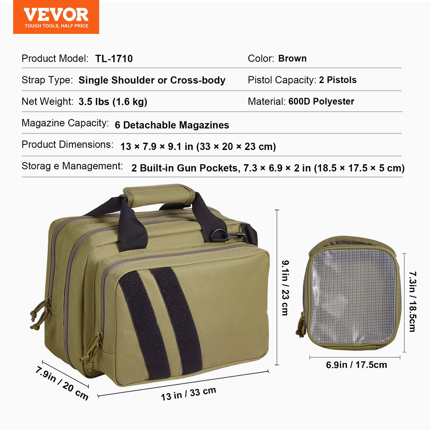 VEVOR Range Bag for 2 Pistols Tactical Gun Bag 2 Built-in Pistol Bags Brown，Range Bag for Handguns Gun Case Bag with Lockable Zipper for Shooting Range Outdoor Hunting