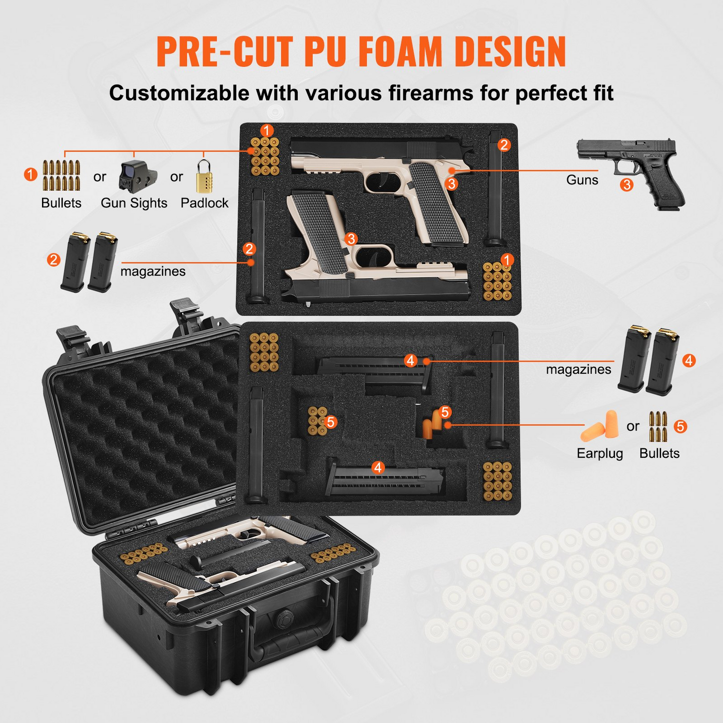 VEVOR Hard Pistol Cases with Pre-cut PU Foam, Waterproof & Dustproof Hard Gun Case for 1 Pistol, 14.1×11.5×7.6 in Lockable Pistol Case, Black