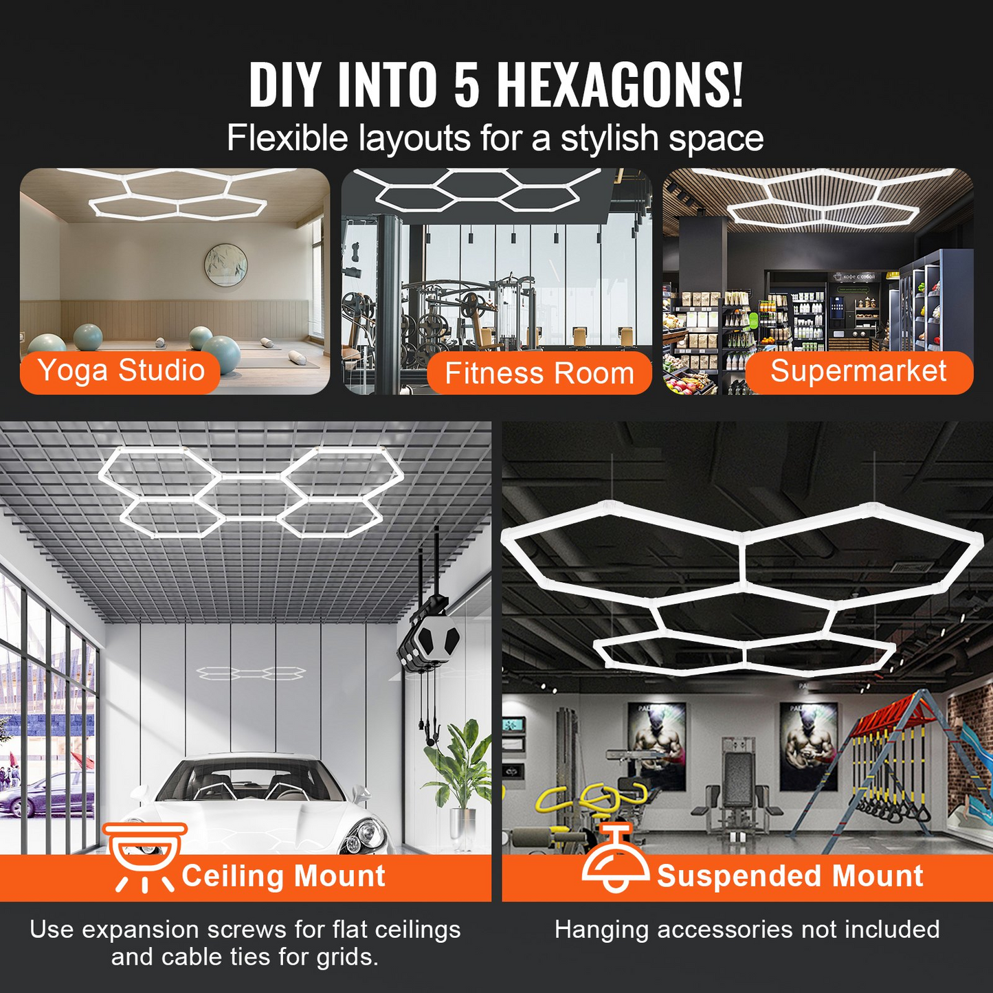 VEVOR Hexagon Garage Lights 26400LM 5 Grid Honeycomb LED Shop Ceiling Light