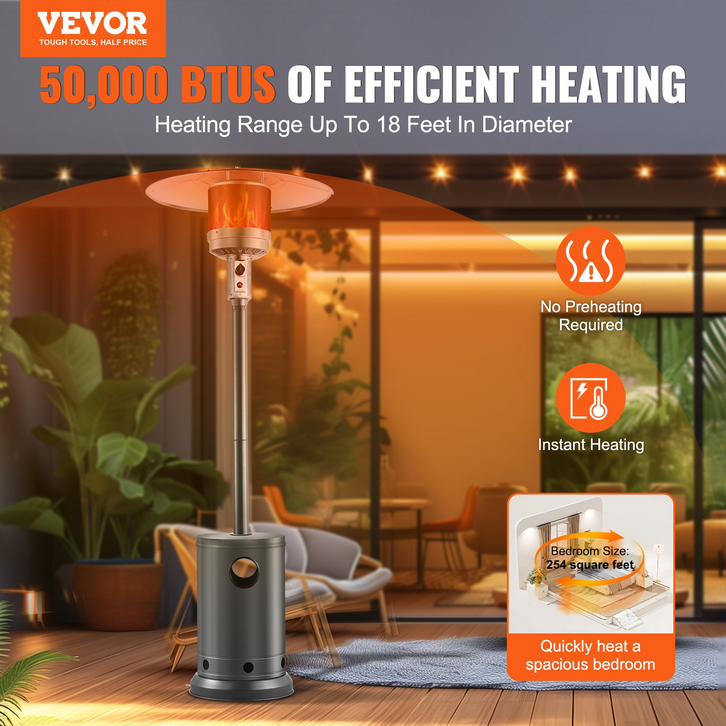 VEVOR Propane Patio Heater 50000BTU Tall Hammered w/Wheels Outdoor Silver Gray