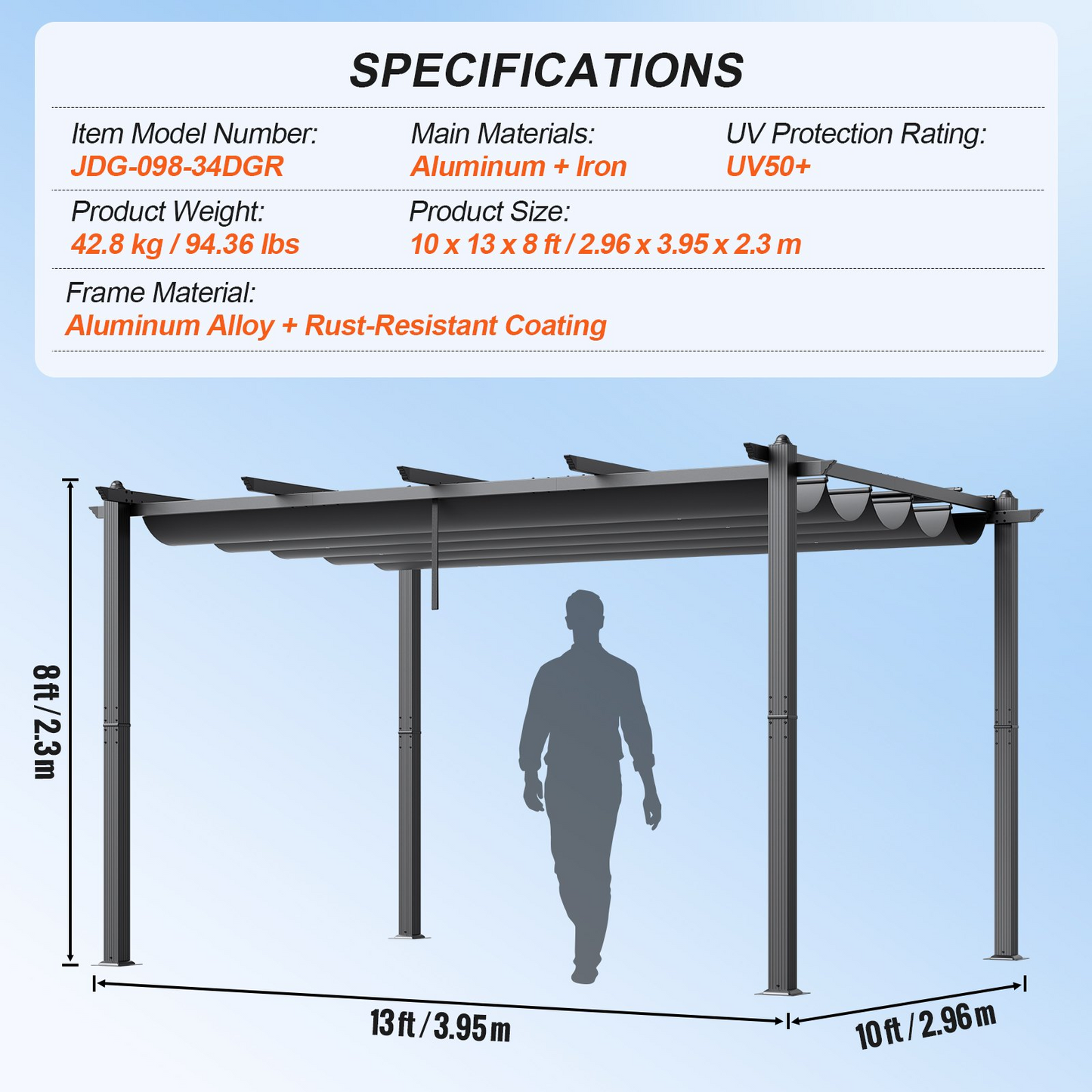 VEVOR 10'x13' Outdoor Retractable Pergola with Sun Shade Canopy Aluminum Gray