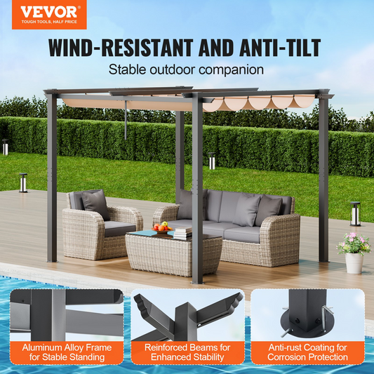 VEVOR 10'x10' Outdoor Retractable Pergola with Sun Shade Canopy Aluminum Beige