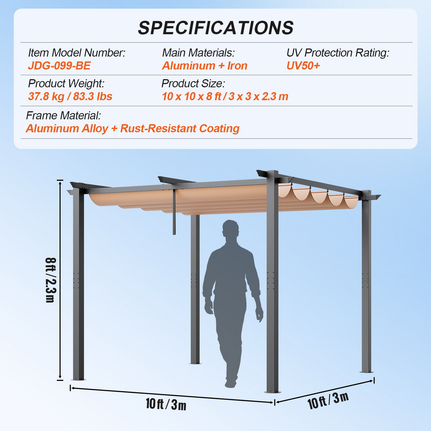 VEVOR 10'x10' Outdoor Retractable Pergola with Sun Shade Canopy Aluminum Beige