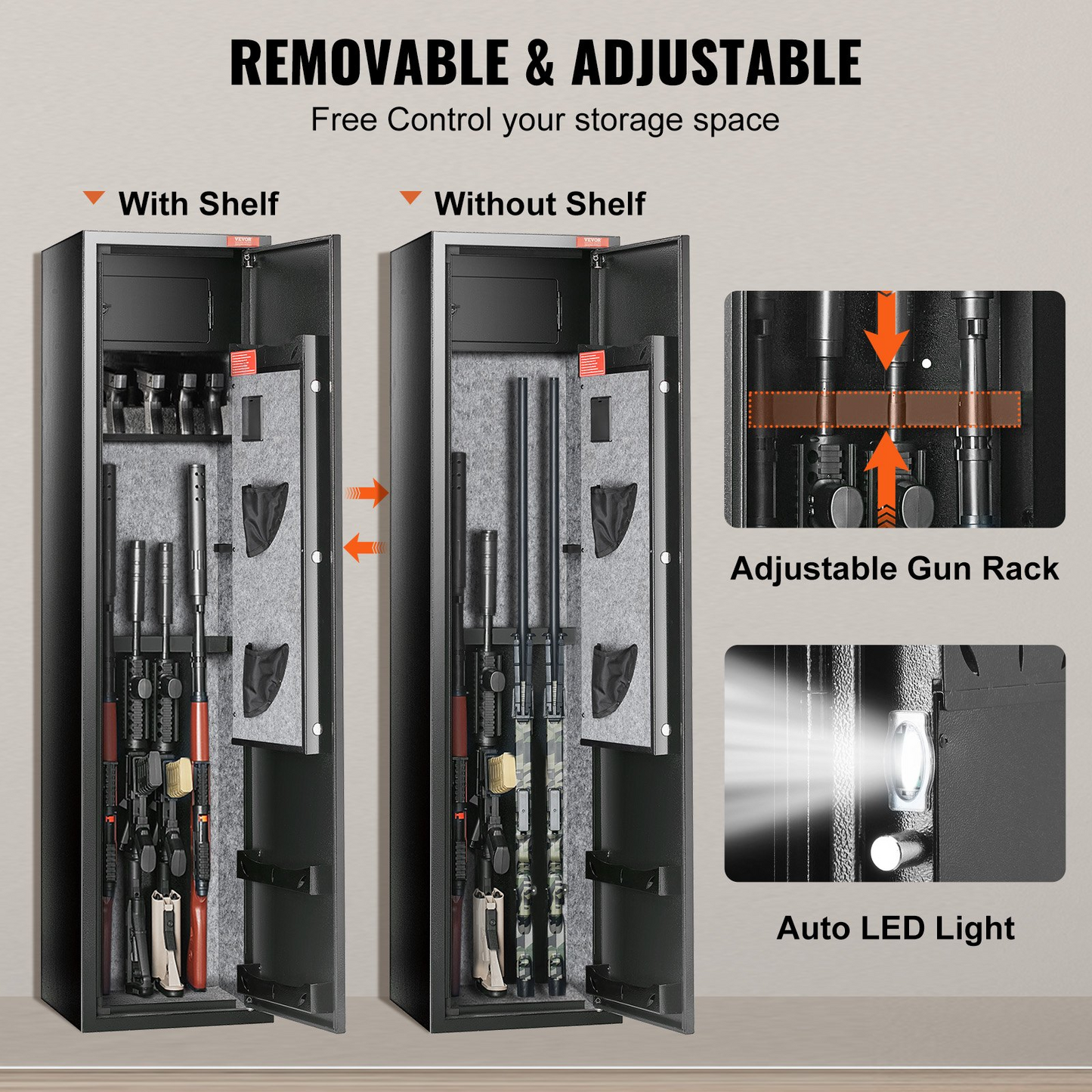 VEVOR 6 Rifles Gun Safe, Rifle Safe with Digital Keypad & Lock, Gun Storage Cabinet for Shotguns with Built-in Storage Locker, Removable Storage Shelf for Home Long Gun and Pistols