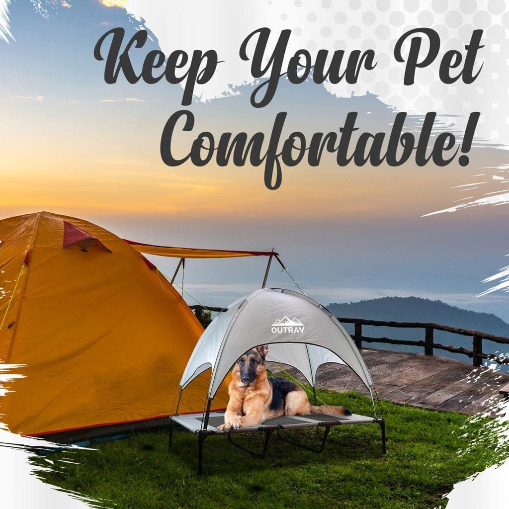 Pet Cot with Canopy Shade Tent & Carry along Travel Bag – Portable Foldable Indoor Outdoor Cooling Elevated Dog Bed with Removable Pop up Sunshade Dome Gazebo Awning, Large or XL – Gray