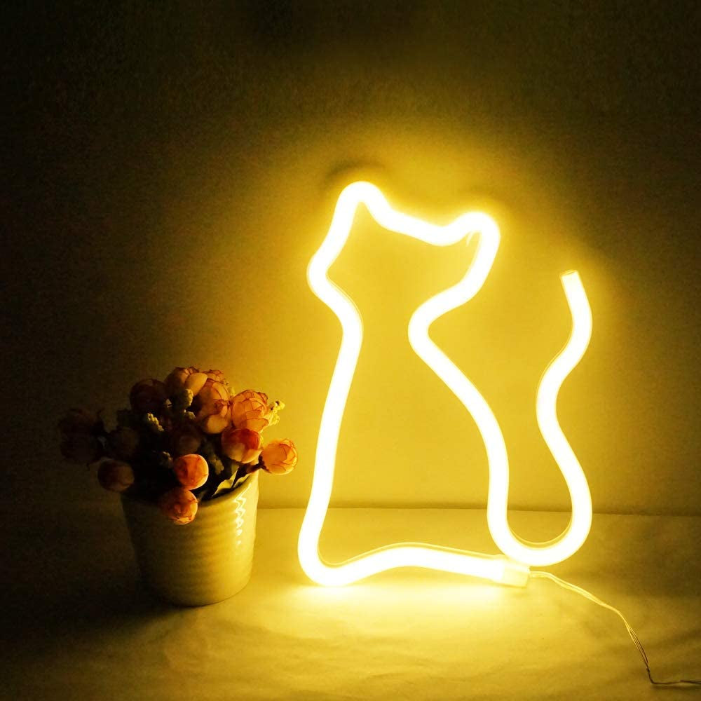 Cat Neon Light, Cute Neon Cat Sign, Battery or USB Powered Night Light as Wall Decor for Kids Room, Bedroom, Festival, Party, Valentine'S Day (Yellow)