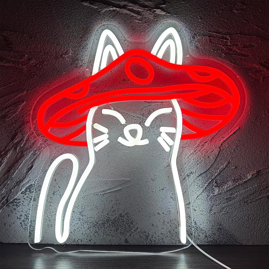 Red Hat Cat Neon Signs for Wall Decor, 15.8"X 15.8" Dimmable Frog Funny Neon Art Sign LED Light Pink Cute Neon Light up Signs Frog Decorations Birthday Party Gifts